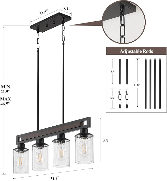 Farmhouse Dining Room Light Fixture, 4-Light Wood Kitchen Island Lighting for Dining Room Over Table, Black Adjustable Pendant Light with Seeded Glass Shades, Linear Chandeliers Lighting for Kitchen