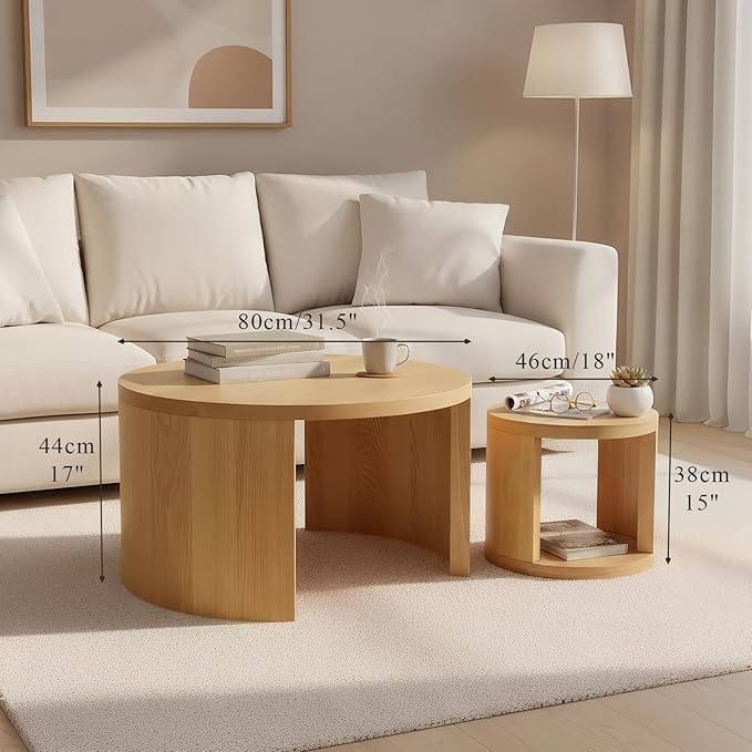 Round Coffee Table Set of 2, Nesting Coffee Tables with Storage,Living Room Table Set,Modern Wood Center Table for Living Room,Apartment,31.5" & 18" Coffee Table Set,Brown