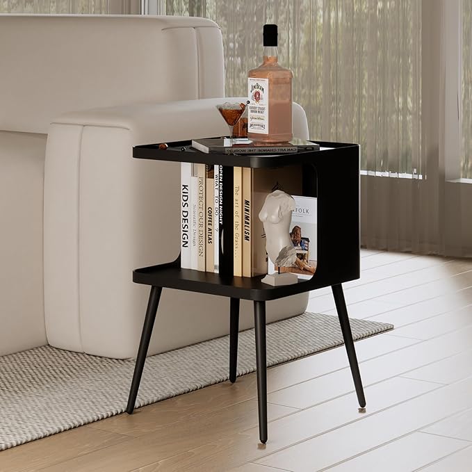 Metal Side Table,Modern end Table,Small nightstand,Bedside Table with Open Storage Shelf for Living Room Bedroom Small Space (Black)