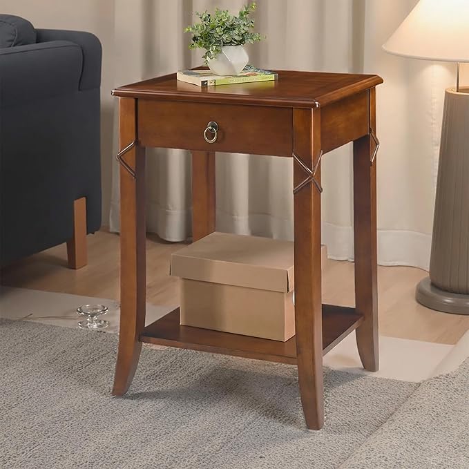 Solid Wood End Table with Drawer, Beside Table, Nightstand, Mid-Century Modern Funiture with Storage Shelf, 19.7" x 15.7" x 27.6" High Living Room Side Table with Wood Frame, Cherry Walnut GBJ-DR200