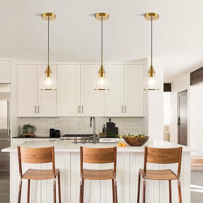3 Pack Island Light for Kitchen, 1-Light Gold Kitchen Island Hanging Pendant Light, Brushed Gold Dining Room Light Fixture Over Table with Clear Round Glass Shades
