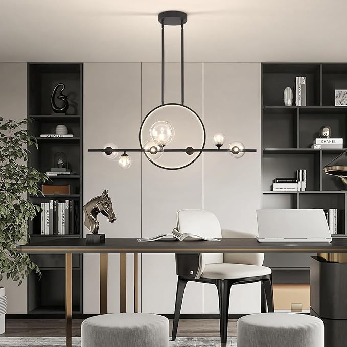 Modern 7 Light Dining Room Chandelier,37.4" Black Dimmable Linear Pendant Lights with Globe Glass Shade,Minimalist Island Light for Dining Room, Office, Kitchen