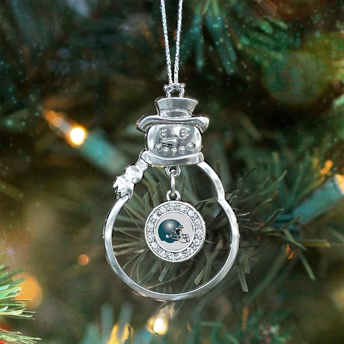 Inspired Silver - Grey and Turquoise Team Helmet - Silver Christmas Ornament - Circle Charm Christmas Tree Ornament with Cubic Zirconia - Snowman Hanging Decoration