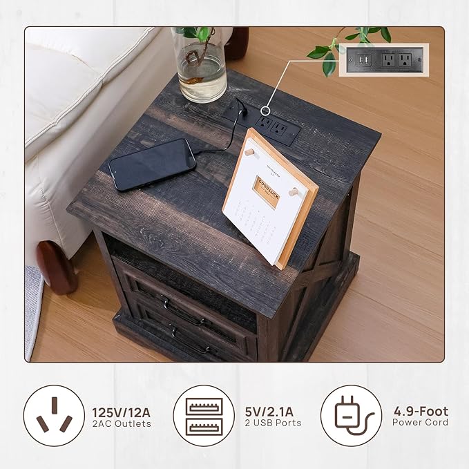 ALBAD Farmhouse Nightstand with Charging Station Rustic Bedside Table with 2 Drawers and Cubby Storage End Table with Metal Handle for Bedroom Office, Walut Brown