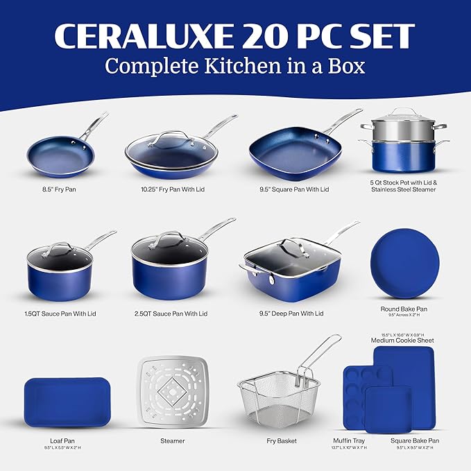Granitestone Ceraluxe 20Pcs Ceramic Cookware Set Nonstick, Complete Pots and Pans Set Non Stick with 5 Pc Bakeware Set, Deep Frying Pan Set, & Steamer, Non Toxic PFOA Free, Oven & Dishwasher Safe