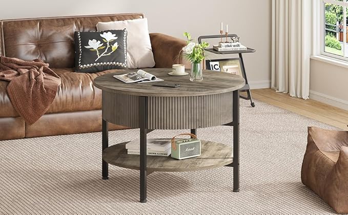 Small Round Coffee Table with Fluted Panel, Lift Top Coffee Table with Hidden Compartment and Open Shelf, Modern Lift Tabletop Dining Central Table for Living Room, Home Office, Grey