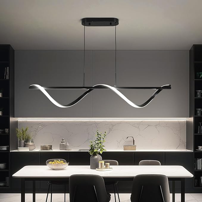 ziidoo Kitchen Island Lighting ，43.3in Dimmable Dining Room Light Fixture Over Table Linear LED Black Wave Spiral Chandeliers Modern Pendant Lights for Living Room Ceiling Hanging Light