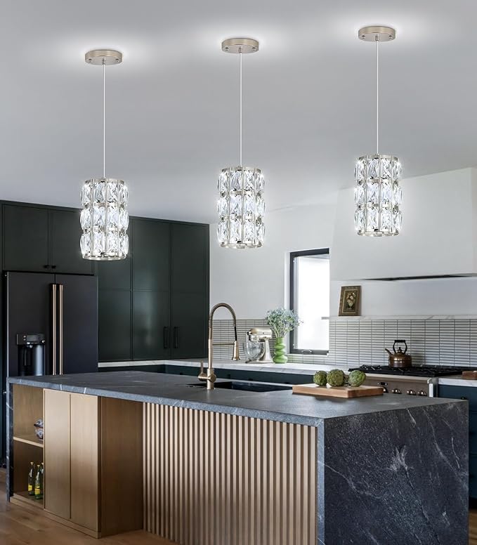 1-Lights Modern Crystal Pendant Lights for Kitchen Island LED Dimmable Glam Pendant Lighting Chandelier for Dining Room Hallway Corner Lamp Nickel