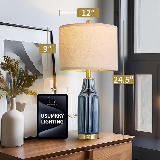 24.5" Modern 3-Way Dimmable Touch Control with USB A+C Ceramic Lamps Set of 2 Table Lamp for Living Room Bedroom Farmhouse Nightstand Bedside Blue