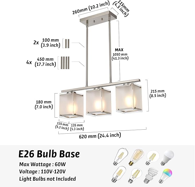 Kitchen Island Lighting, 3-Light Dining Room Light Fixture with Frosted Glass Shade Linear Chandelier Pendant Lighting Over Table for Dining Table Kitchen Island, Adjustable Height