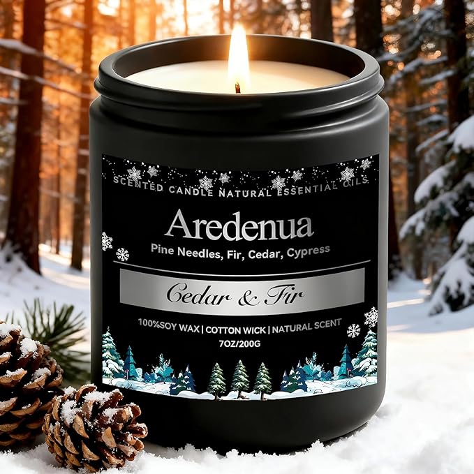Cedar & Fir Candle – Winter Candles | Holiday Scented Candles, 7oz Jar Soy Candle for Home Scented - 50H Burn - Evergreen Forest & Fresh Pine Scent, Christmas Gifts for Women & Men