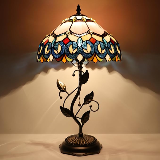 Tiffany Table Lamp, Pink Stained Glass Desk Light, W12H19 Inch, Metal Leaf Base (Pink Baroque Style)