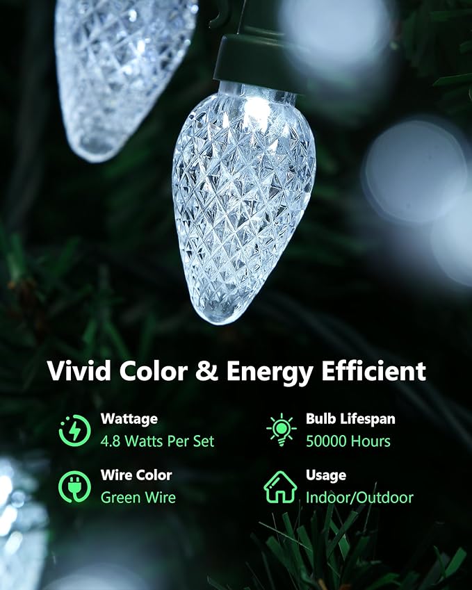 C7 LED Christmas String Lights, 25.16FT 50 LED Connectable Outdoor Indoor Decorative Light Strand, Cool White Xmas Holiday Lights for House, Christmas Tree, Patio, Party Decoration, UL Listed