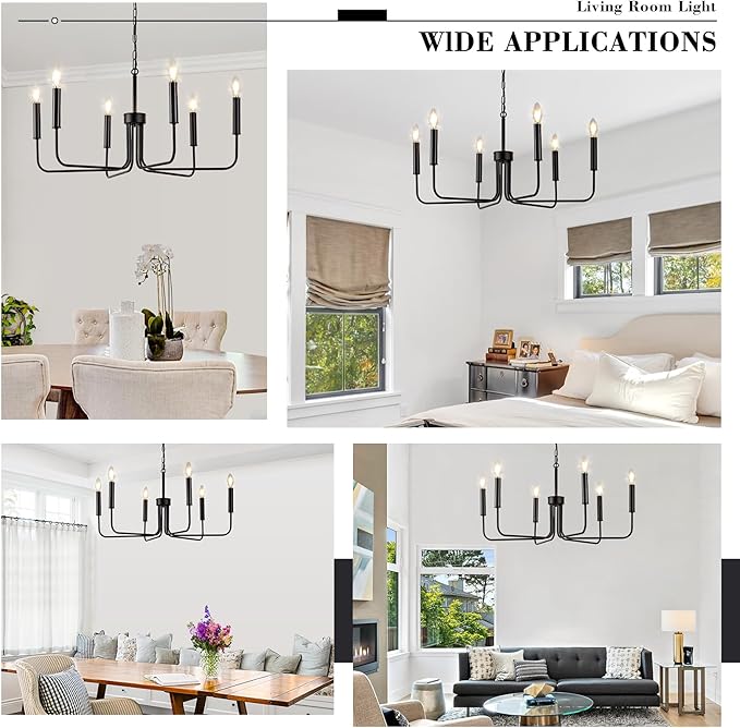 Farmhouse Candle Chandelier, 6 Light Rustic Black Ceiling Pendant Light Fixture, L-Arm Design Industrial Dining Room Hanging Lighting for Living Room, Entryway, Foyer, Kitchen Island