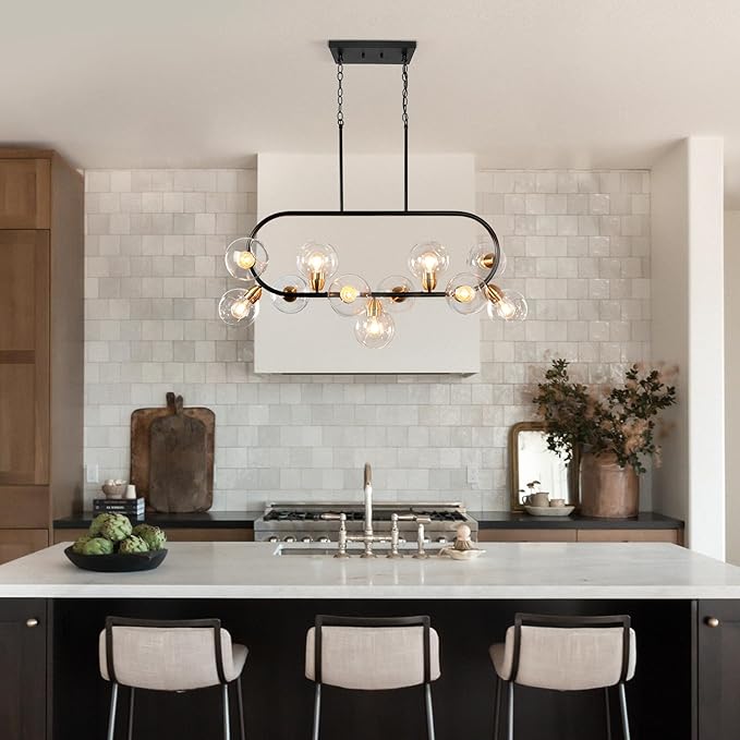 Linear Chandelier for Dining Room 45'' Black and Gold Island Lights Rectangle Dining Room Light Fixture 11-Light Modern Farmhouse Chandelier with Clear Glass Large Mid Century Island Pendant Light