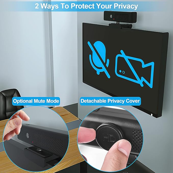 ROTOPATA Webcam with Speakers and Mic, Full HD 1080P/30FPS Computer Camera for Streaming Video Conference , 4 Noise-Cancelling Mics, Privacy Cover, 90°FOV, USB-A, Webcam for PC Desktop Monitor Laptop