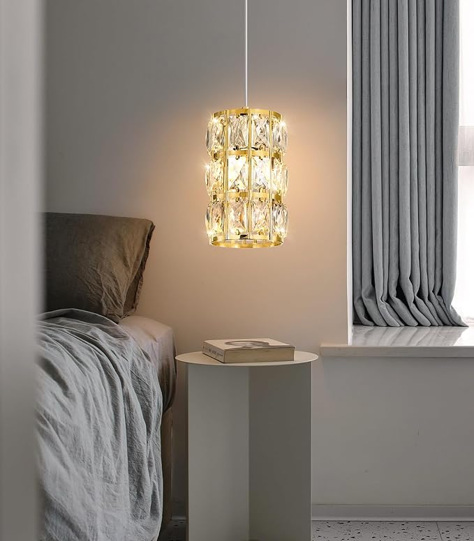 1-Lights Modern Crystal Pendant Lights for Kitchen Island LED Dimmable Glam Pendant Lighting Chandelier for Dining Room Hallway Corner Lamp Gold