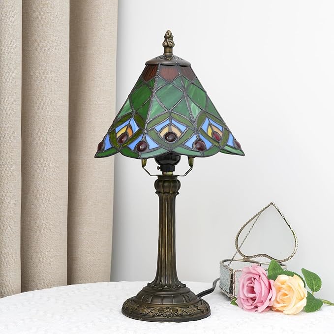 Green Small Tiffany Lamp Stained Glass Table lamp Peacock Tail Bedroom Bedside Light for Living Room Dormitory Bar Retro Style Unique Cute funky Accent Decor Cottage 8" Village gift Nightstand Lamp