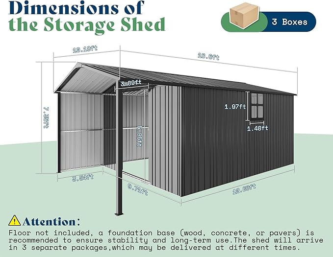 AMERLIFE 10x16.6x7.3 FT Outdoor Storage Shed with Lounge Area, Metal Garden Shed with Sliding Doors, 2 4-Pane Windows & 4 Vents, Heavy-Duty Weather-Resistant Steel for Garden & Backyard, Dark Gray
