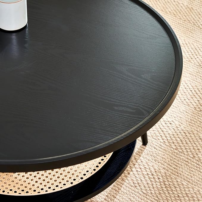 Saint Mossi Modern Coffee Table for Living Room, Mid-Century Round Wood Coffee Table, 2-Tier Boho Center Table for Small Space, Black Wood and Rattan Top,