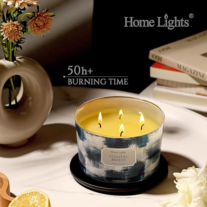 HomeLights Large jar Candle | 4-Wick Long-Lasting Scented Candles, 18oz Natural Soy Wax Candle for Home Scented, Scandinavian Minimalist Design Gifts for Women & Men, Coastal Breeze