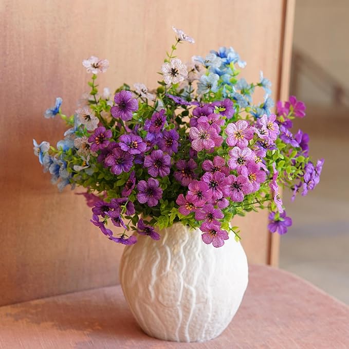 Artificial Flowers for Outdoor Indoor Garden Home Decoration, Faux Flower Daisy with Eucalyptus Leaves Fake Plants Greenery Boxwood Porch Patio, 10 Bundles (Purple-Blue)