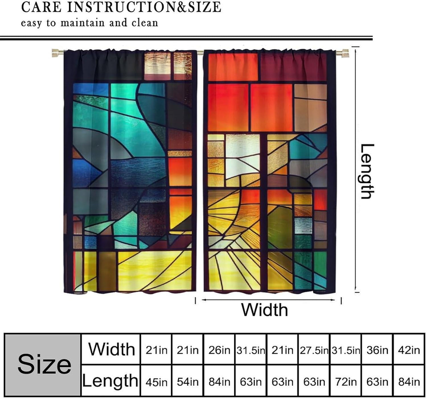 Stained Glass Curtains,Retro Abstract Colorful Geometry Textures Art Home Decor Drapes for Bedroom Living Room Kitchen Window Treatment 2 Panels Set Total Size 84" W X 84" L Inch