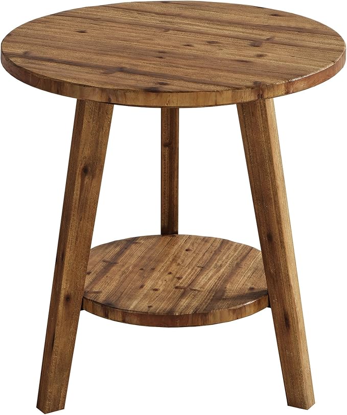 Solid Wood Round End Table, Sofa Side Table with Storage Shelf, Farmhouse Nightstand for Living Room, Bedroom, Easy Assembly (1)