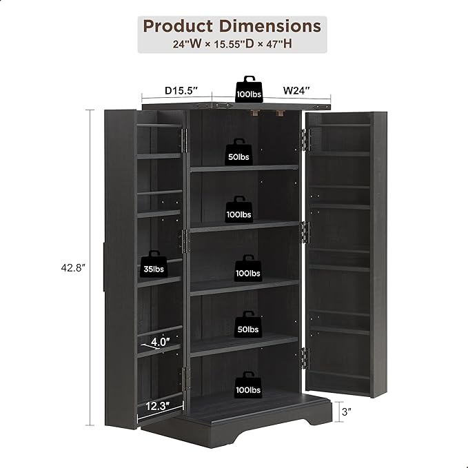 ACCOHOHO 47" Kitchen Pantry, Farmhouse Storage Cabinet with Barn Doors, Organizer and Adjustable Shelves, Rustic Wood Cupboard for Kitchen, Dining Room, Bathroom and Hallway, Black