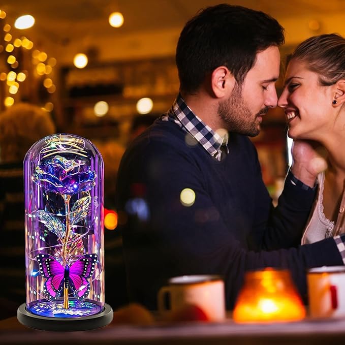 Christmas Flowers Gifts for her Women Mom Wife,Womens Gifts for Christmas, Rose Flowers Gift Light Up Rose in Glass Dome,Birthday Gifts for Woman Purple