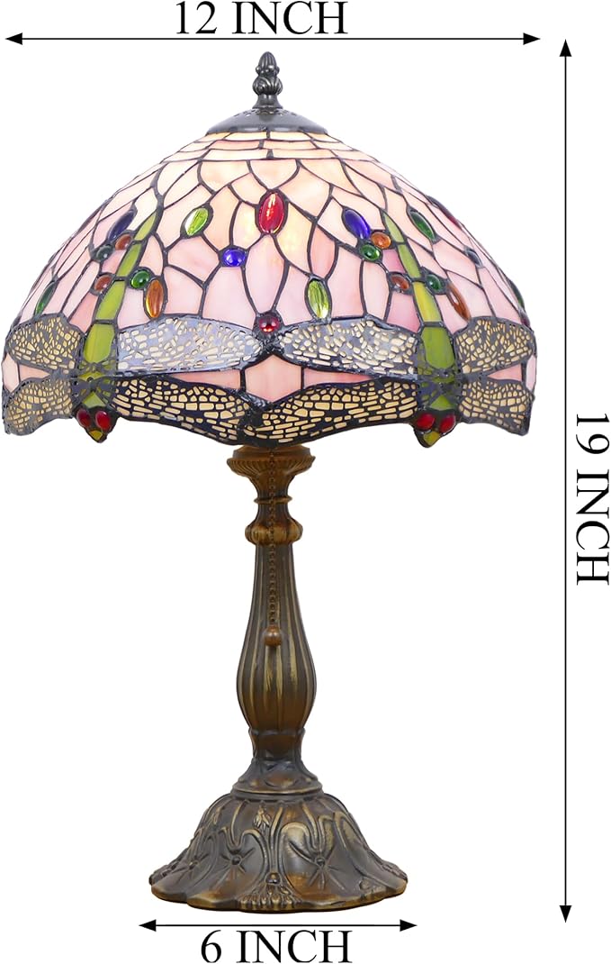 Tiffany Lamp Stained Glass Table Lamp Antique Bedside Reading Light W12H19 Inches (Pink Dragonfly)