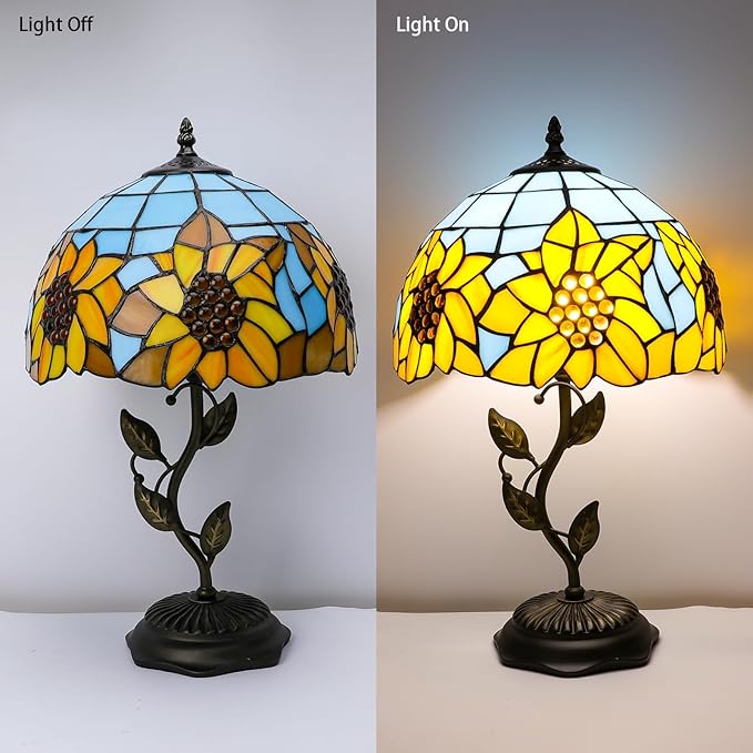 Stained Glass Table Lamp, Sunflower Style Lampshade Metal Leaf Base Desk Reading Light 12X12X19 Inches Decor for Bedroom Living Room Office