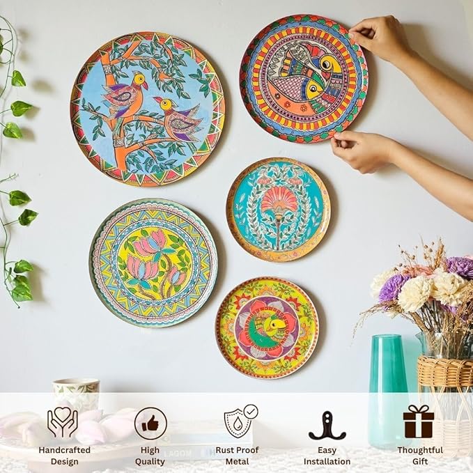 RITUALISTIC Madhubani Metal Wall Plates for Home Decoration | Set of 5 Decorative Wall Plates (Assorted Sizes) | Wall Décor for Living Room | Handmade Indian Art | Gift Items