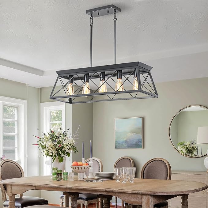 HuixuTe 5-Light Farmhouse Pendant Light for Dining Room, Rustic Kitchen Island Lighting, Adjustable Height Chandeliers for Kitchen, Dining Room Table Black