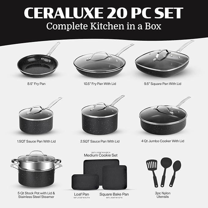 Granitestone Ceraluxe 20 Pc Ceramic Cookware Set Nonstick, Complete Pots and Pans Set Non Stick for Kitchen with Bakeware, Utensils & Steamer, Non Toxic Made Without PFOA PFOS, Oven & Dishwasher Safe