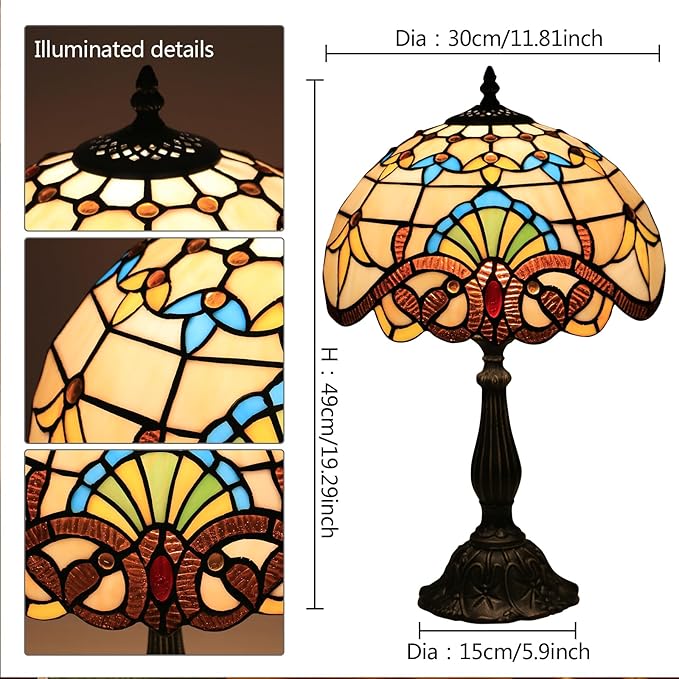 Tiffany Style Lamp 12 Inches,Yellow Stained Glass Table Lamp, Baroque Style Desk Lamp for Bedroom,Living Room,Home Office
