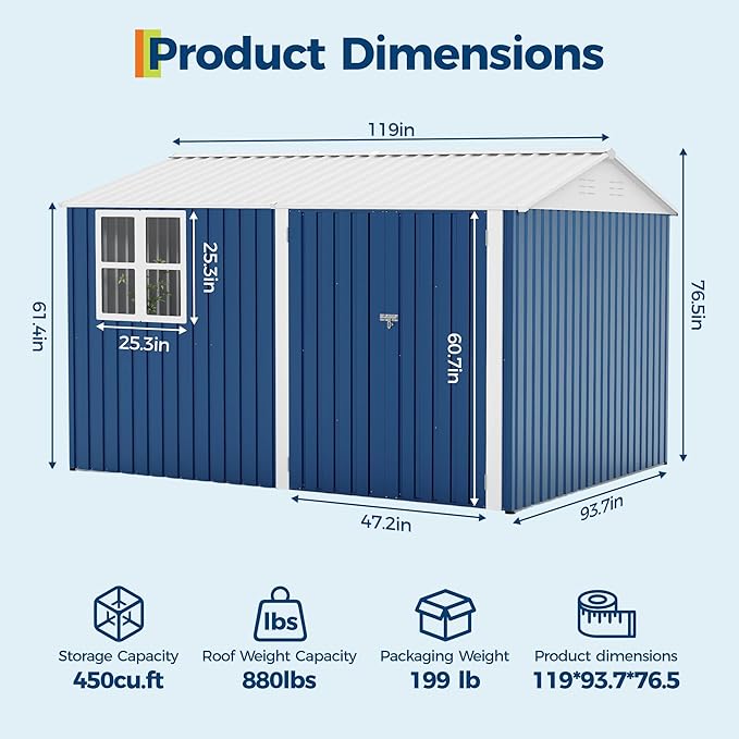8x10 FT Outdoor Storage Shed,Metal Tool Shed with Clear Window, Lockable Doors,Large Garden Storage Box with Sloping Roof，Sheds&Outdoor Storage for Backyard Garden Patio Lawn, Navy Blue