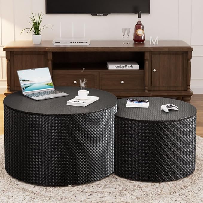 Nesting Coffee Table Set of 2 Modern Round Coffee Table with Hidden Storage Round Side Table Drum Accent End Tables for Living Room, Bedroom (Black)