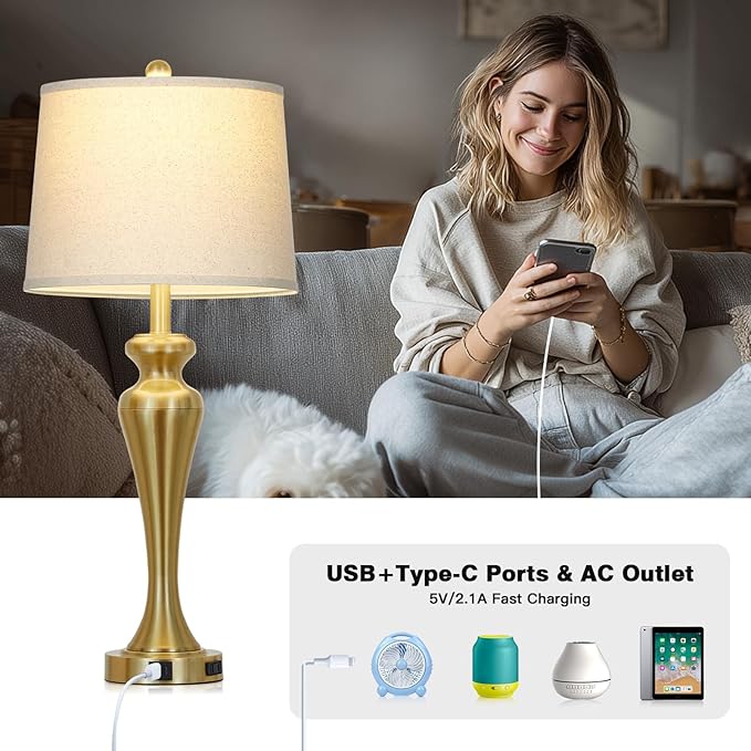 30 Inch Gold Table Lamp Single, 3-Way Dimmable Touch Lamp for Nightstand with USB A+C Ports and AC Outlet, Tall Bed Side Lamps for Living Room, Modern Brass Lamps for Bedroom Side End Table