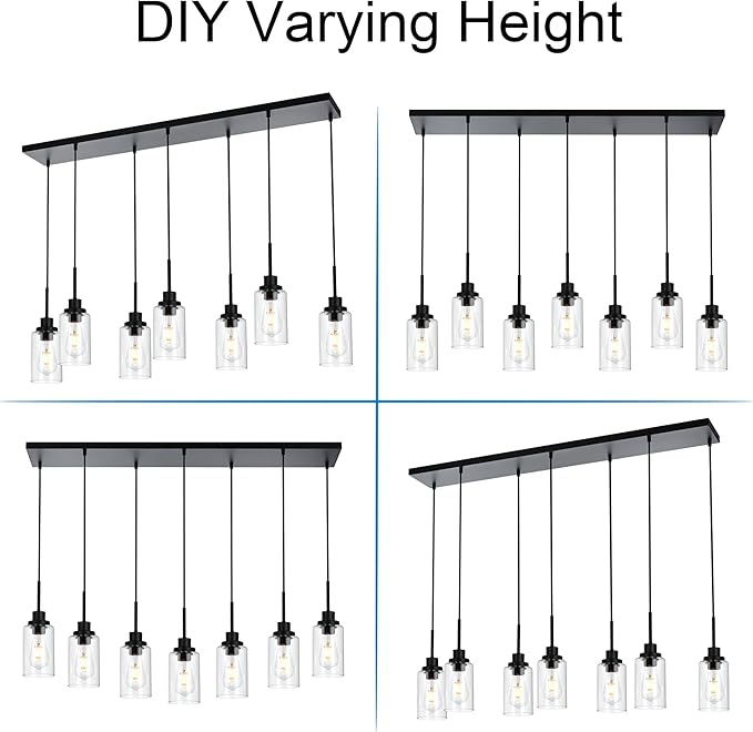 MELUCEE Linear Hanging Pendant Lights with Clear Glass Shade Black Dining Room Light Fixtures Over Table Kitchen Island Lighting, Adjustable Hanging Height