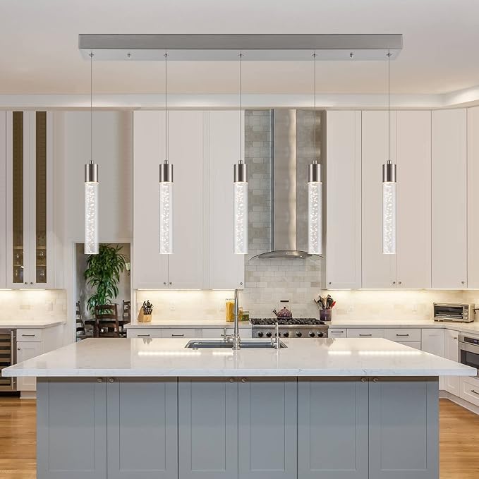 Pendant Light Kitchen Island with Remote Control - Brushed Nickel Adjustable Height Kitchen Island Light, 3000K/4000K/6000K Dimmable LED Handing Light for Dining Room, Bar, Hallway