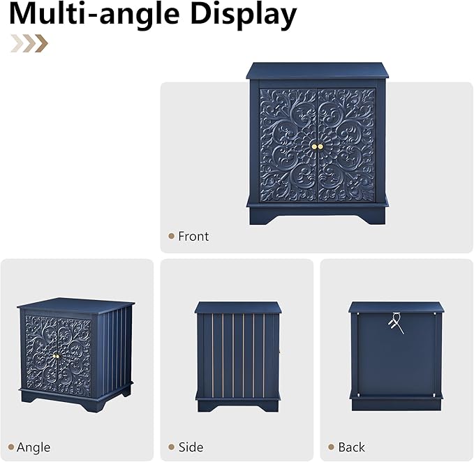 End Table Set of 2, 24" Farmhouse Nightstand with Carved Floral Door & Adjustable Shelf, Square Wooden Sofa Side Table with Storage for Living Room Bedroom (Midnight Blue)