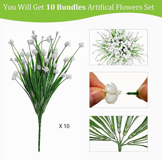 Plastic Artificial Flowers 10 Bundles Outdoor Artificial Fake Flowers Faux Plastic Shrubs Plants No Fade for Outdoor Porch Farmhouse White