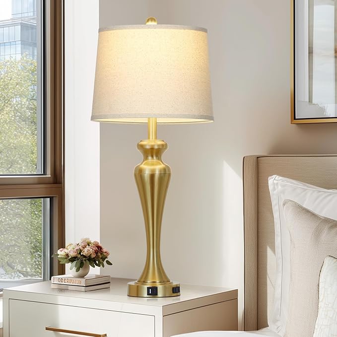 30 Inch Gold Table Lamp Single, 3-Way Dimmable Touch Lamp for Nightstand with USB A+C Ports and AC Outlet, Tall Bed Side Lamps for Living Room, Modern Brass Lamps for Bedroom Side End Table
