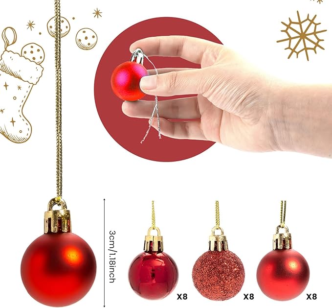GOOTRADES Set of 24 Mini Shatterproof Christmas Balls Tree Ornaments Party Decoration, 3cm/1.1'' (Red)