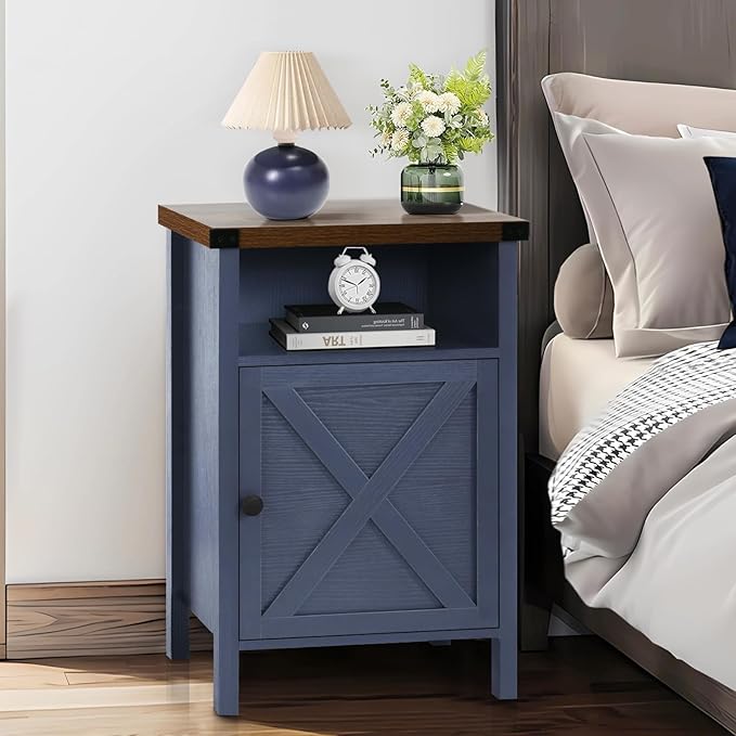 Catrimown Farmhouse Nightstand with Barn Door and Shelf, Side Table, Rustic End Table for Bedroom, Living Room, Navy Blue
