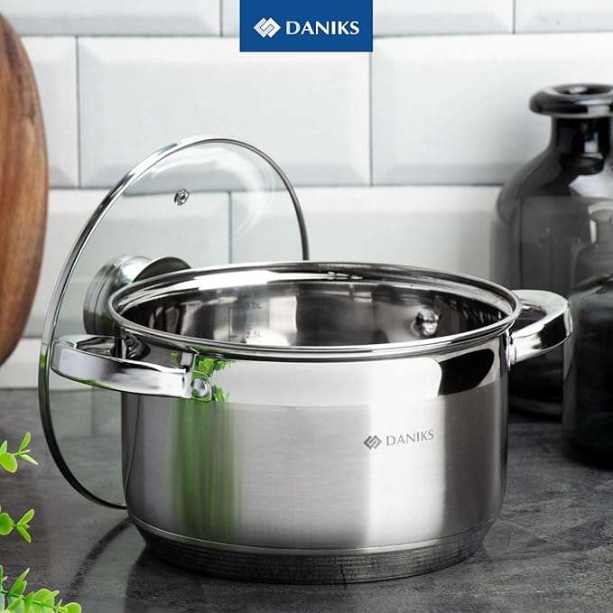 Daniks Standard 2 Quart Stainless Steel Stock Pot with Glass Lid, Try-Ply Bottom for Even Heating, Induction Compatible, Dishwasher Safe, Built-In Measuring Scale, Silver