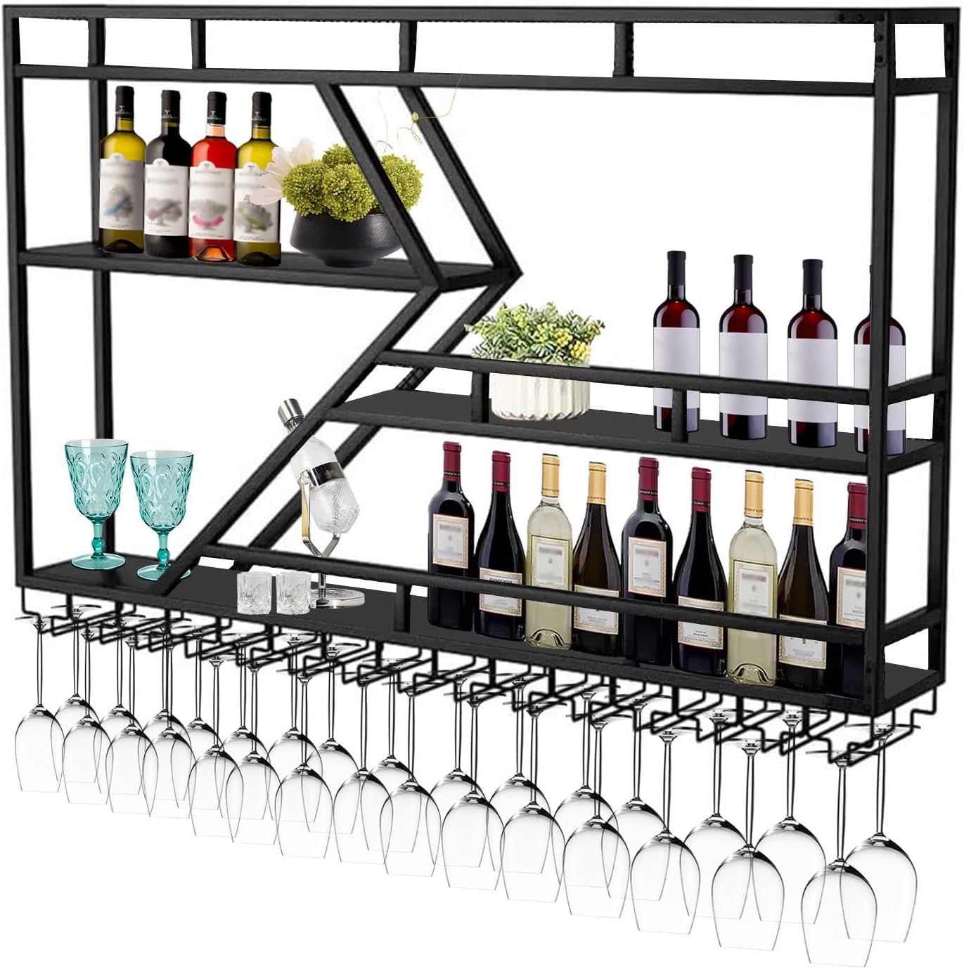 Wall Mounted Wine Rack with Glass Holder, 3-Tier Metal Storage Shelf, Black Diamond Design, Wine Bottle Display with Stemware Storage (Black, 47.24in/Right)