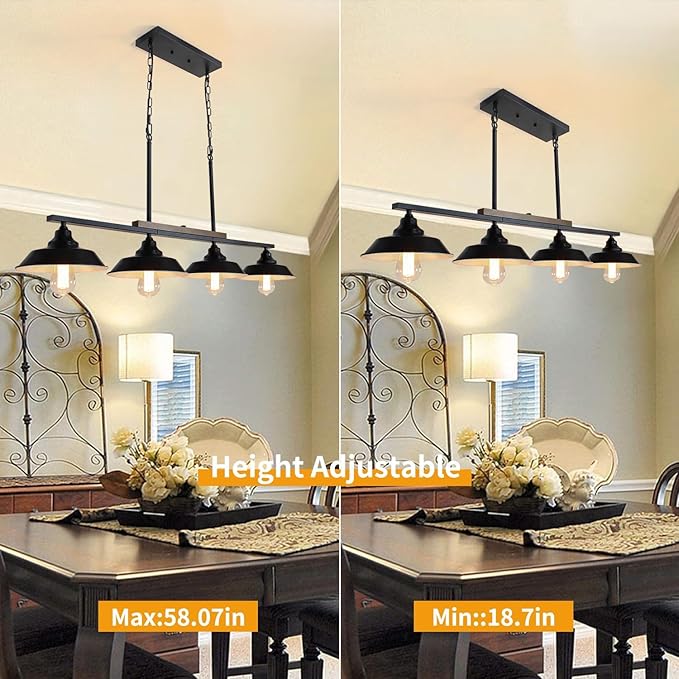 Kitchen Island Light, 4 Lights Black Pendant Dining Room Light Fixture Farmhouse Chandeliers for Dining Room Over Table Metal Hanging Lamp for Kitchen Island Hallway Pool Table