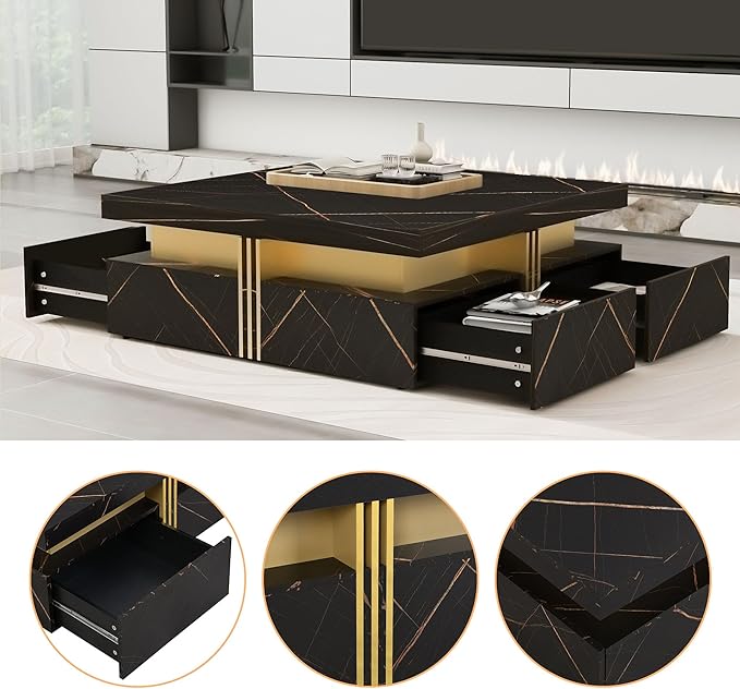 Merax 43.3" Modern Square Storage Coffee Table with 4 Drawers, with Marbling Gold Accents, Functional Center Tables for Living Room Apartment, Black